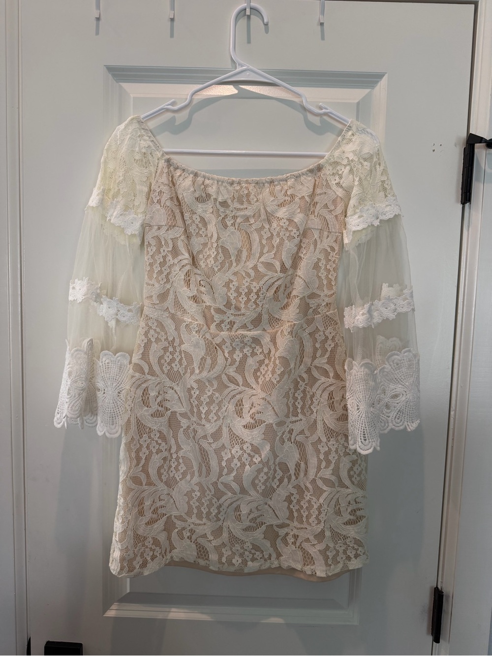 Ivory Lace Off-Shoulder Mini Dress with Sheer Bell Sleeves